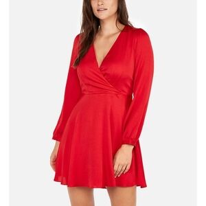 Express | Red Long Sleeve Surplice Fit and Flare Mini Dress Size XS